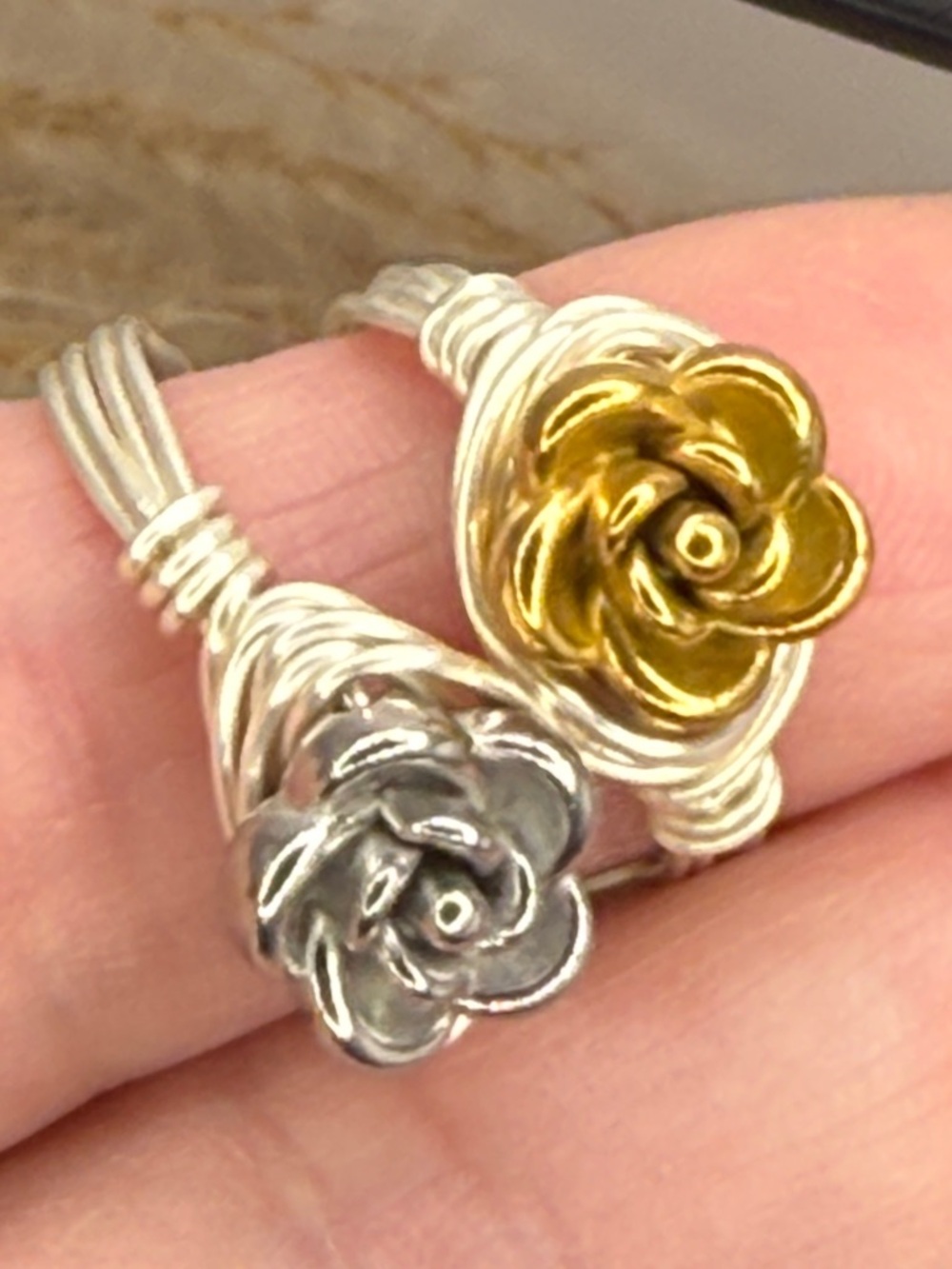 Handcrafted Rose Wire Wrap Ring in Gold and Silver Size made to order
